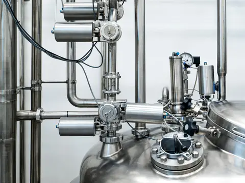 Stainless steel pipes and valves, close up