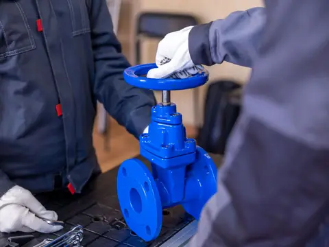 Gloved hands turning the wheel of a blue water valve